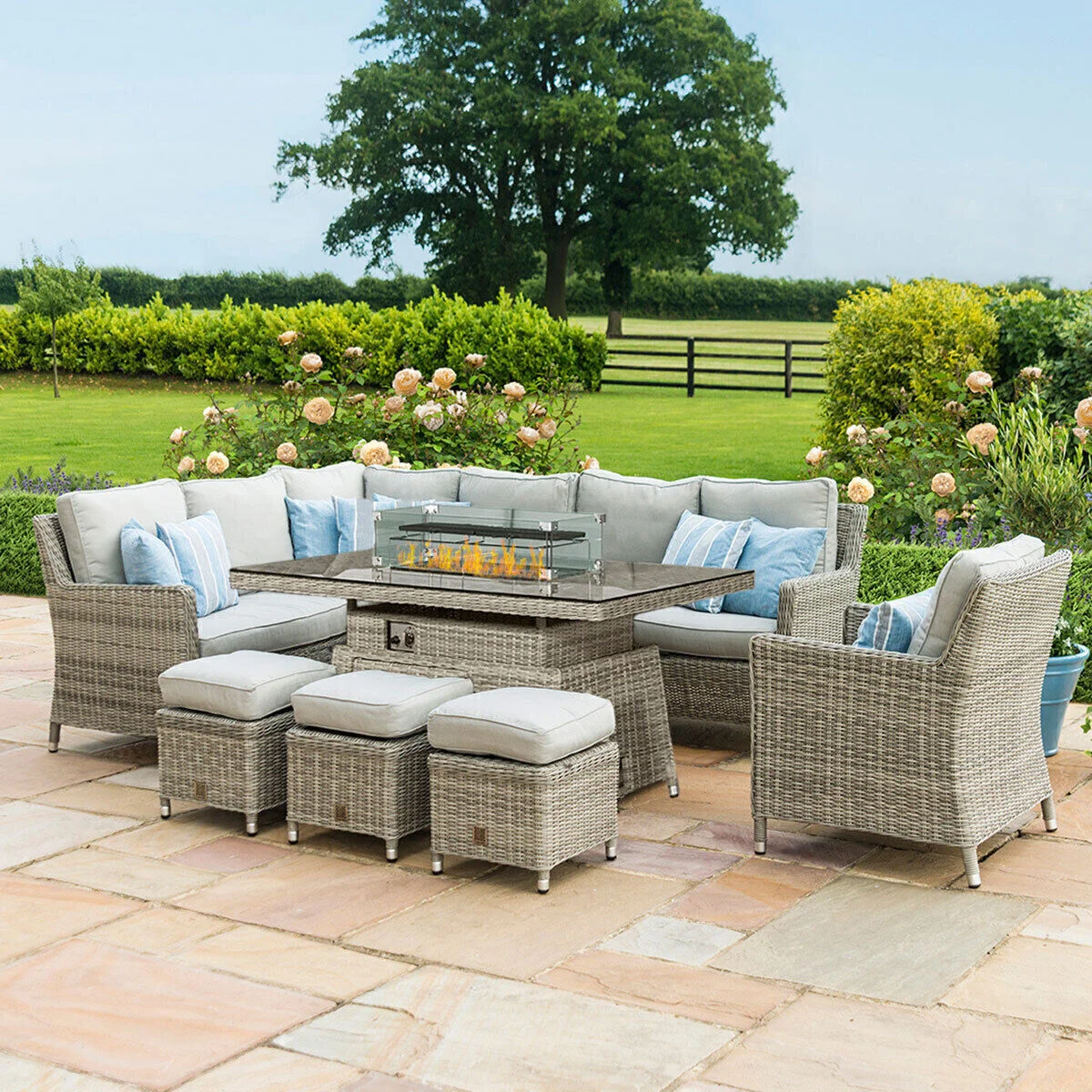 Oxford Corner Rattan Dining Set with Fire Pit Rising Table and Armchair