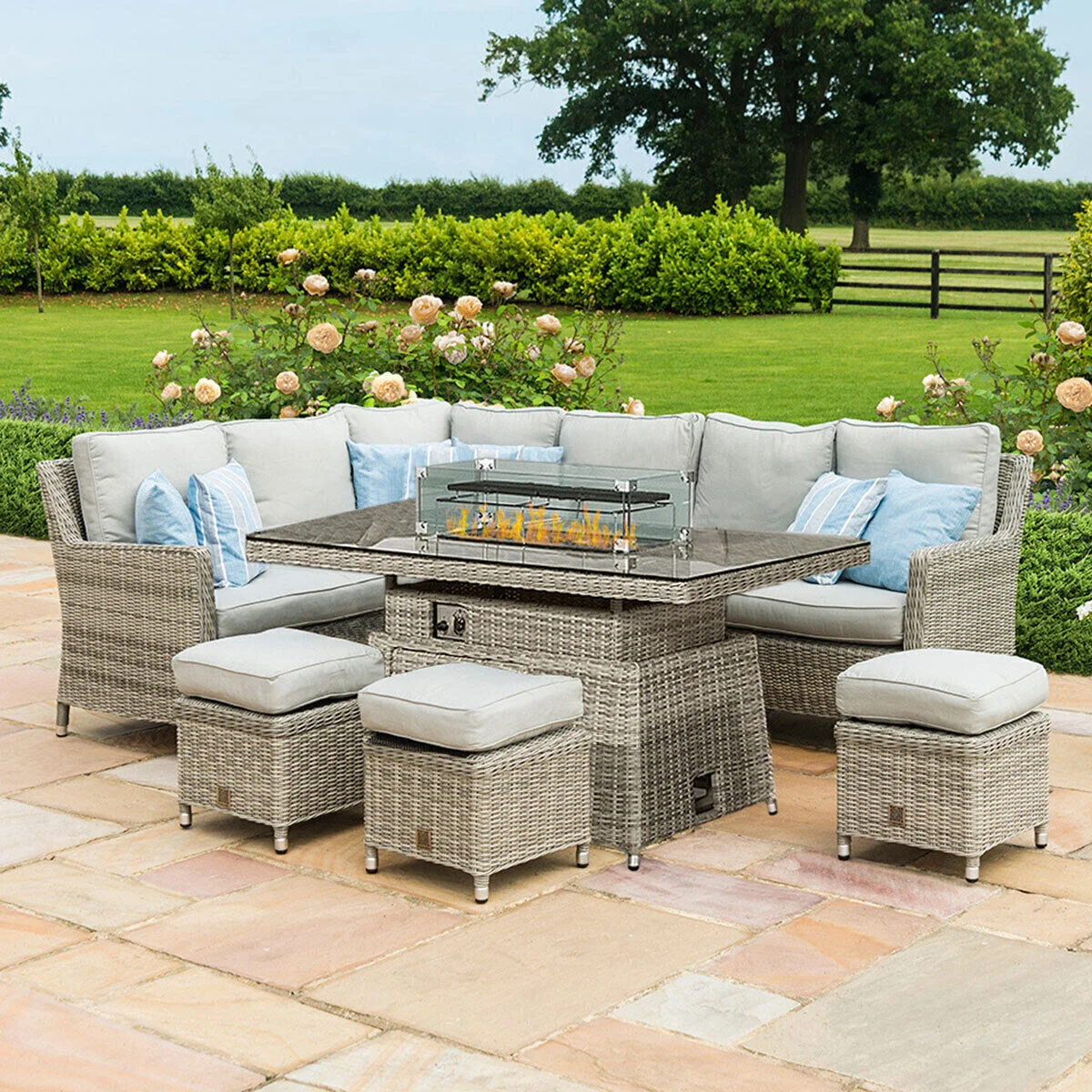 Oxford Corner Rattan Dining Set with Fire Pit Rising Table